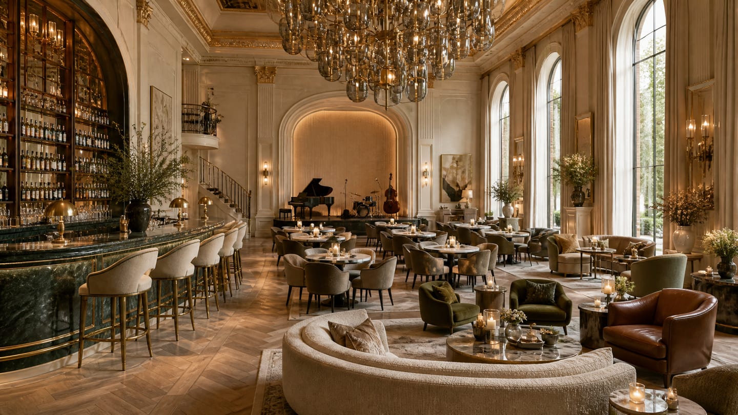 A cocktail bar and live-music ballroom — a green marble counter, brass stools, a lit bottle wall, and a grand piano beyond.