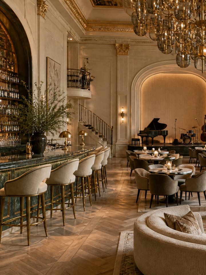 A cocktail bar and live-music ballroom — a green marble counter, brass stools, a lit bottle wall, and a grand piano beyond.