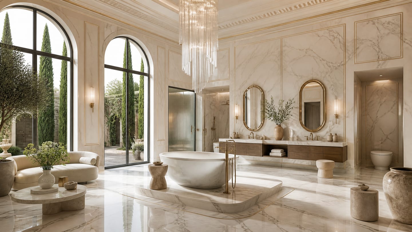 A marble and travertine spa bathroom — a sculptural soaking tub, twin gilded mirrors, a crystal pendant, and cypress beyond the glass.
