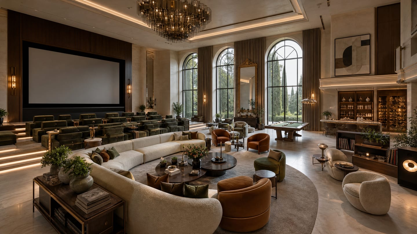 A private cinema and entertainment lounge — tiered velvet seating before a wide screen, a curved cream sofa, a games table, and a lit bar beyond.
