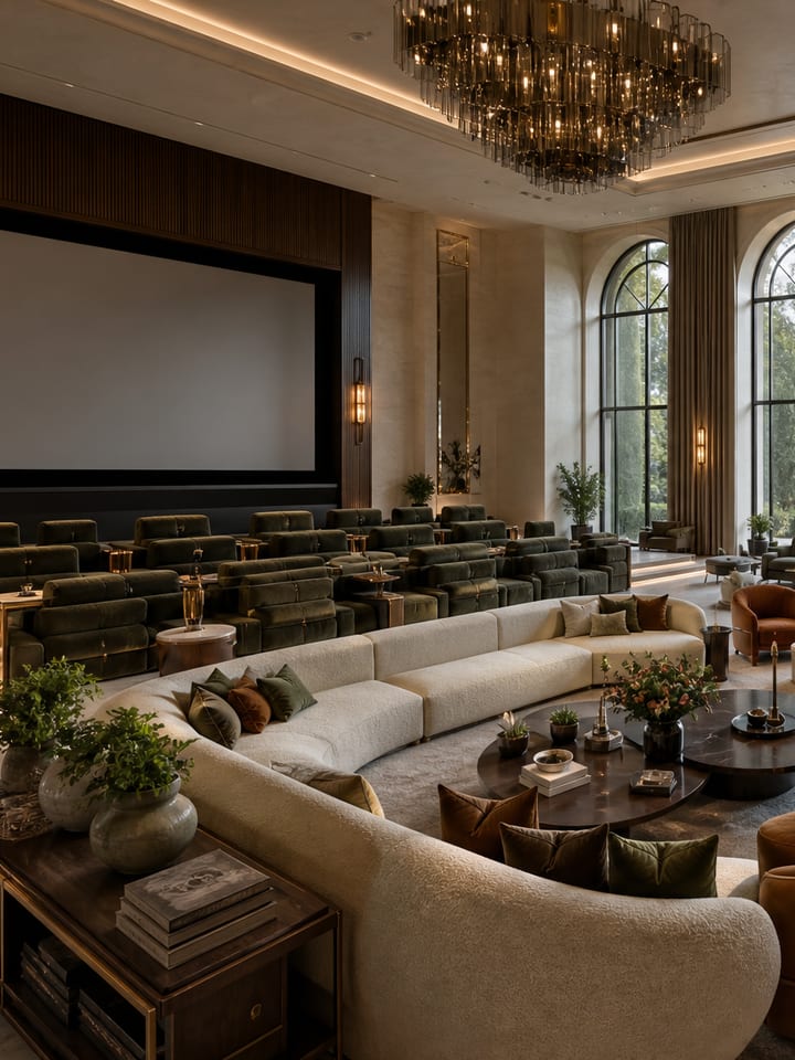 A private cinema and entertainment lounge — tiered velvet seating before a wide screen, a curved cream sofa, a games table, and a lit bar beyond.
