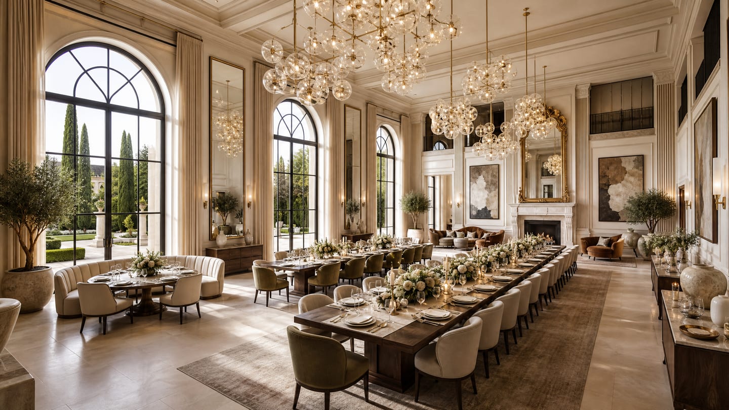 A grand dining salon — a long banquet table set for many, clustered glass chandeliers, a stone fireplace, and garden light through arched windows.