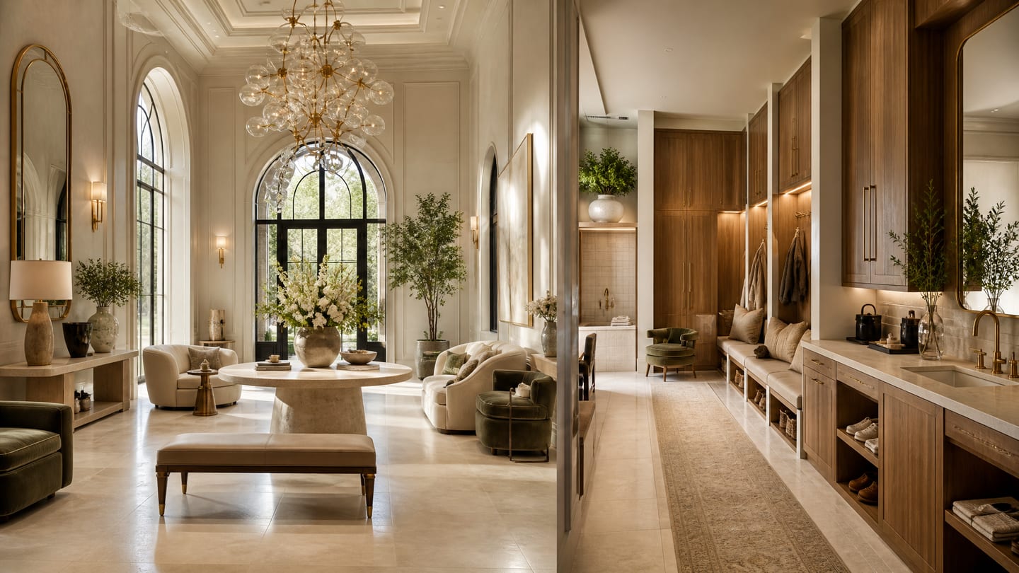 A grand entry hall opening to a mudroom — a stone pedestal table in flower, a bubble-glass chandelier, and fitted oak lockers with a bench beyond.