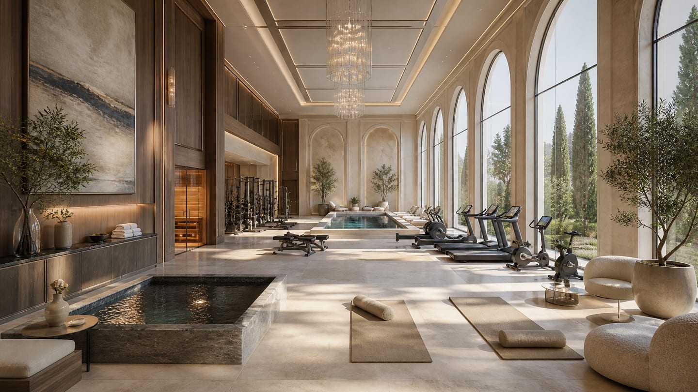 A wellness gym and spa pavilion — a stone plunge pool, a sauna in warm oak, a line of equipment, and olive trees against tall arched glass.