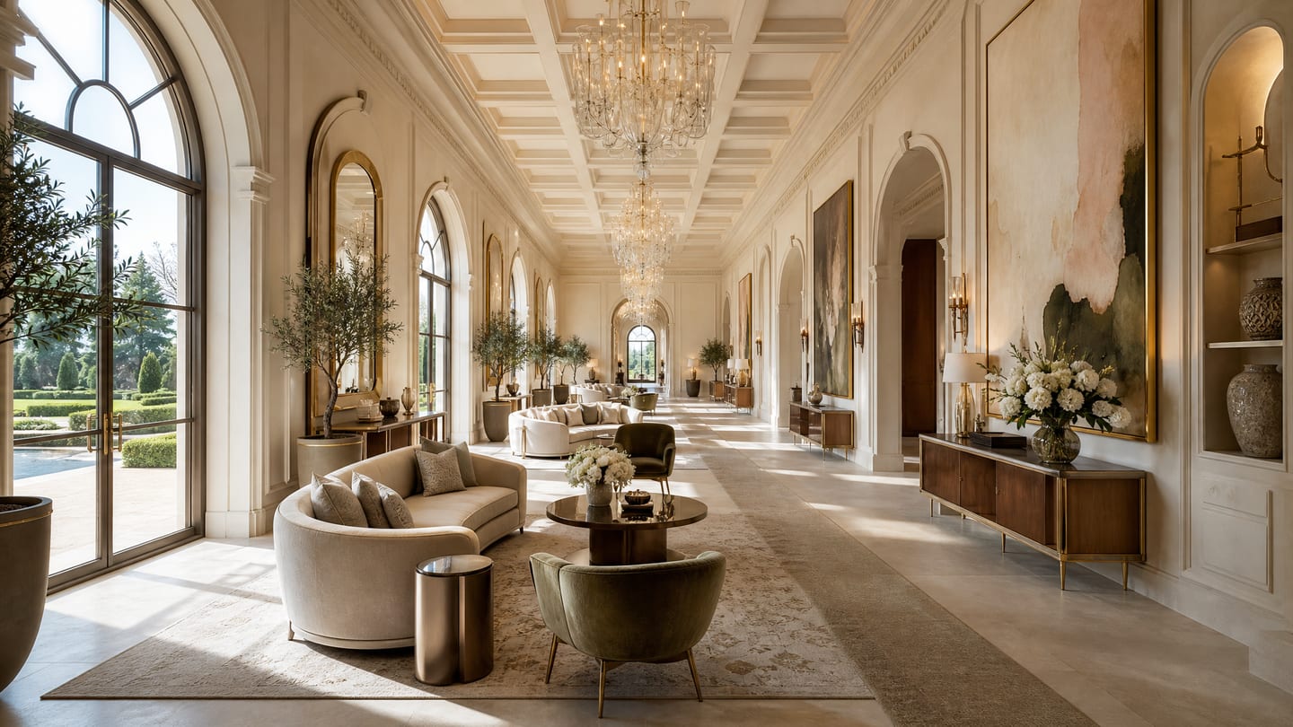 A gallery hallway and promenade — a curved cream sofa, gilded mirrors, olive trees in stone planters, and chandeliers receding down the run.