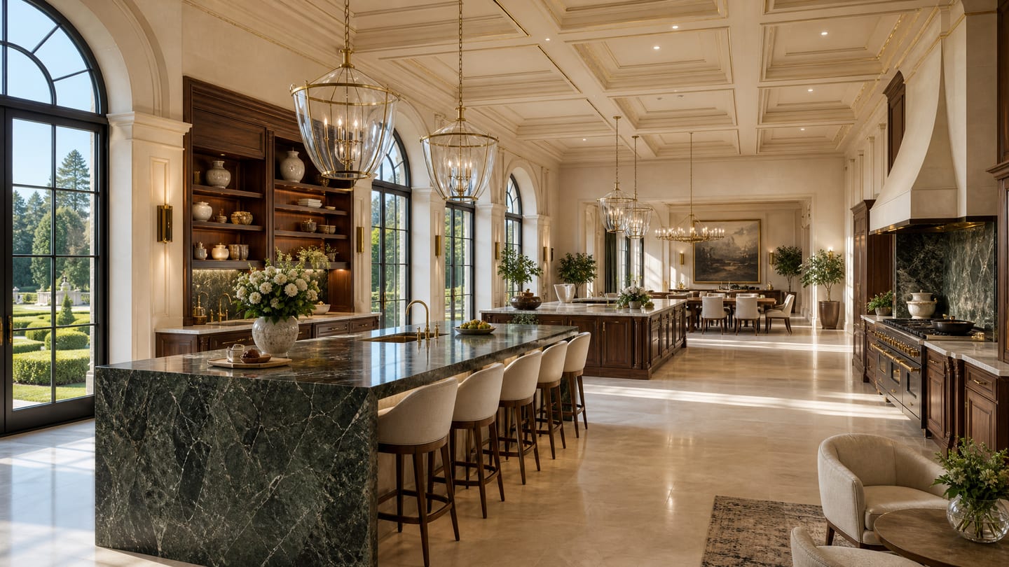 An entertaining-scale kitchen — twin green marble islands, brass lanterns, a coffered ceiling, and garden light through tall arched windows.