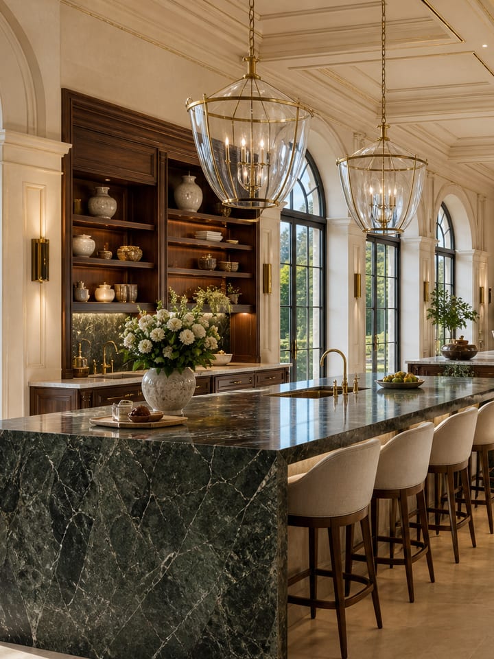 An entertaining-scale kitchen — twin green marble islands, brass lanterns, a coffered ceiling, and garden light through tall arched windows.