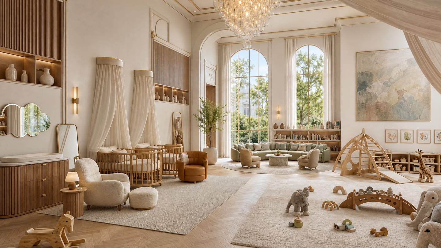 A nursery and children's suite — twin canopied cribs in cane, a bouclé chair, a play arch in natural wood, and garden light through arched windows.