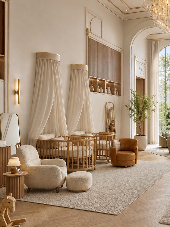A nursery and children's suite — twin canopied cribs in cane, a bouclé chair, a play arch in natural wood, and garden light through arched windows.