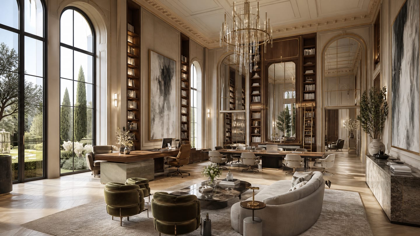 An executive office and library — floor-to-ceiling shelving, a stone and walnut desk, a crystal chandelier, and garden light through arched windows.