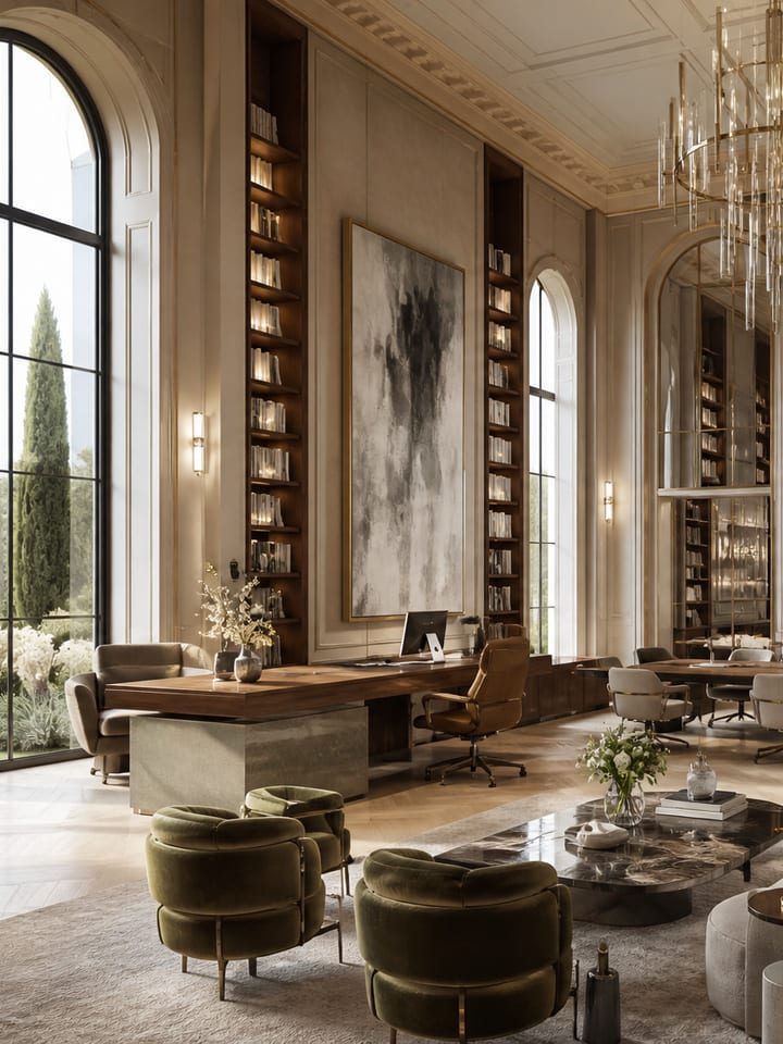 An executive office and library — floor-to-ceiling shelving, a stone and walnut desk, a crystal chandelier, and garden light through arched windows.