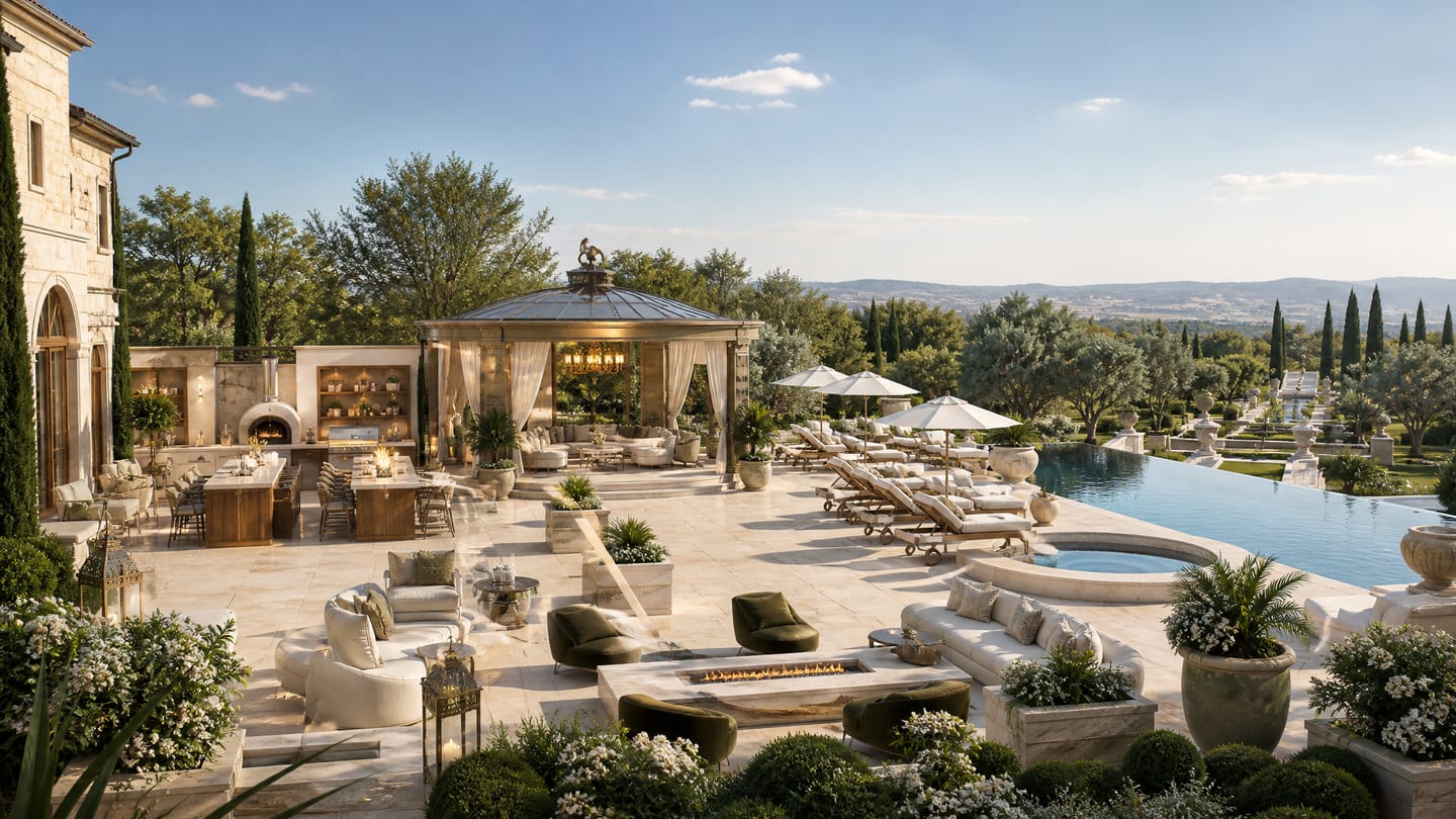 An outdoor living estate — a draped gazebo, a fire table in travertine, an infinity pool, and olive groves running out to the hills.
