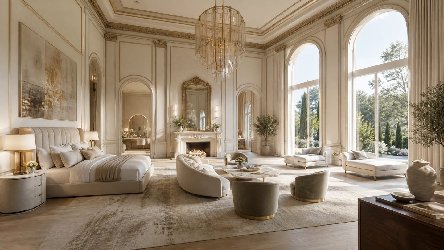 A primary bedroom suite — a channelled statement bed, a marble fireplace, a gilded mirror, and cypress beyond the tall arched windows.